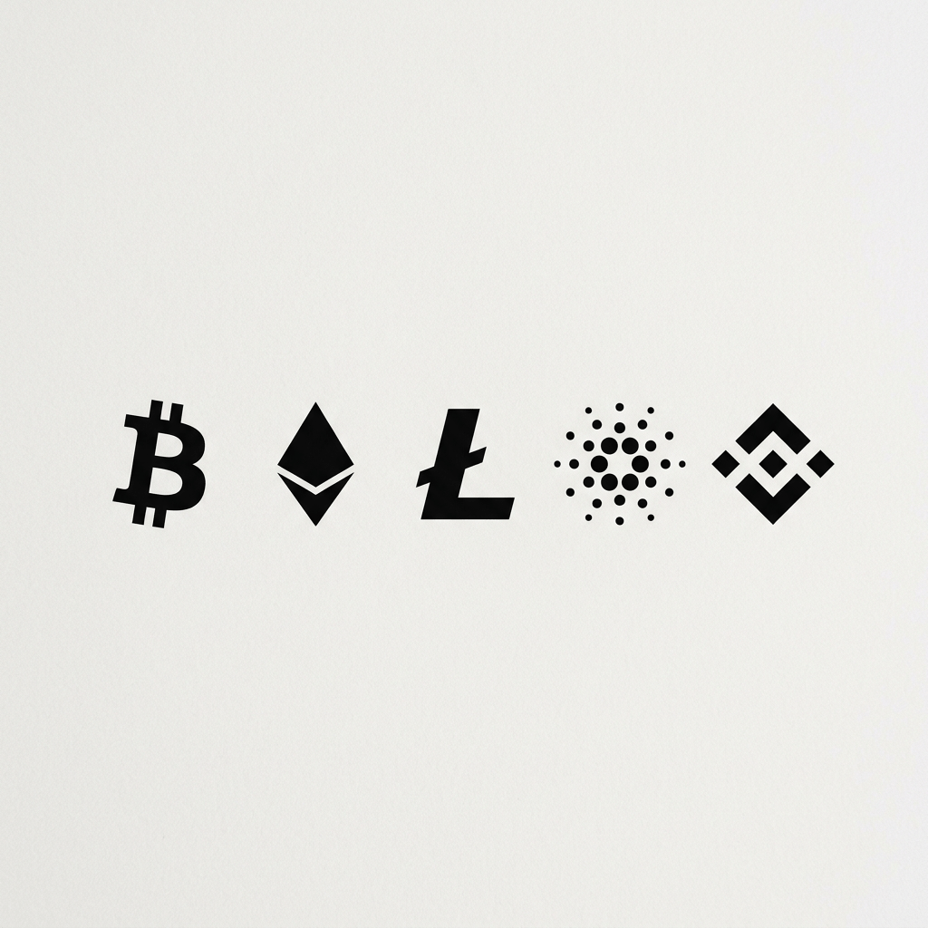 Logos of Bitcoin, Ethereum, Litecoin, Cardano, and Binance cryptocurrency platforms.