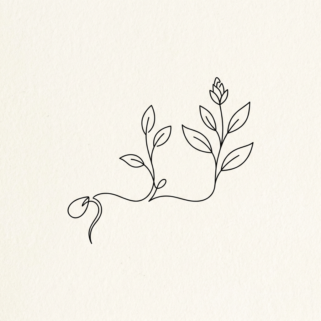 Line drawing of a plant growing from seedling to flower in three stages