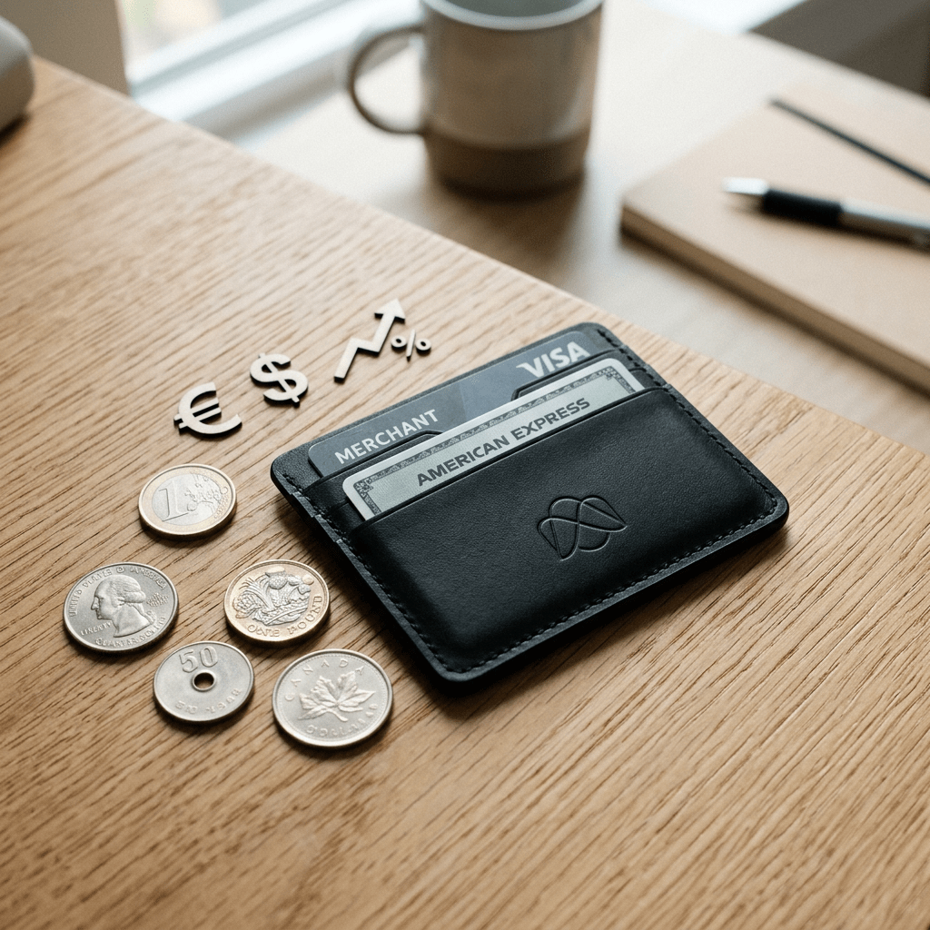 Minimalist wallet with coins and financial symbols