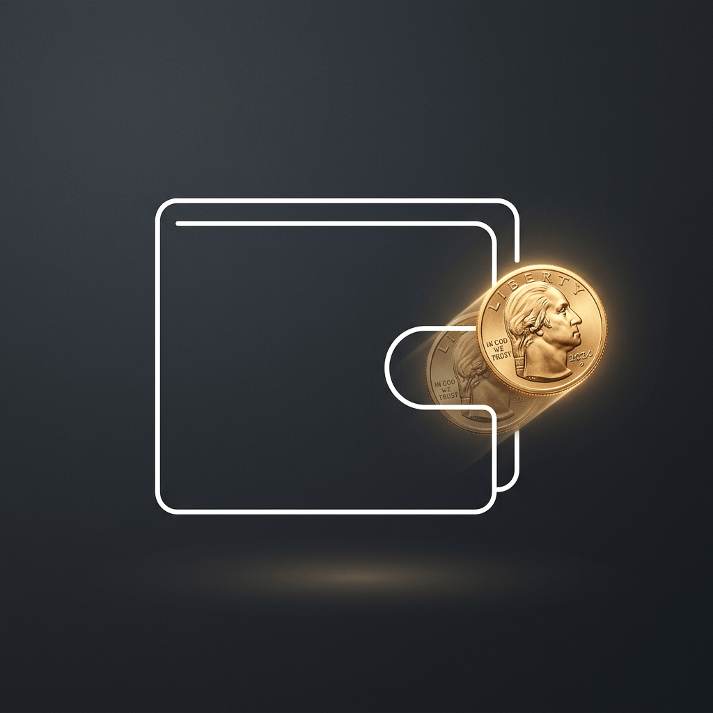 Outline of a digital wallet with a glowing US quarter coin emerging from it