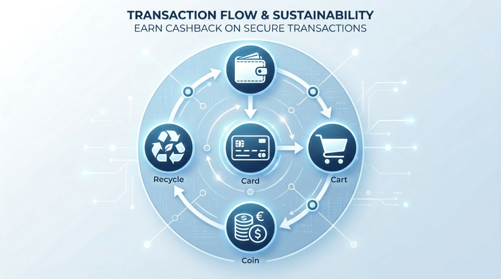 Transaction flow cycle showing wallet, card, cart, coin, and recycle icons
